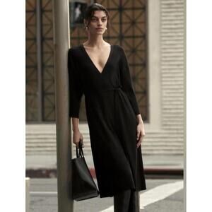 NWOT Everlane Black V-Neck Ribbed Midi Wrap Dress with 3/4 Sleeves sz L